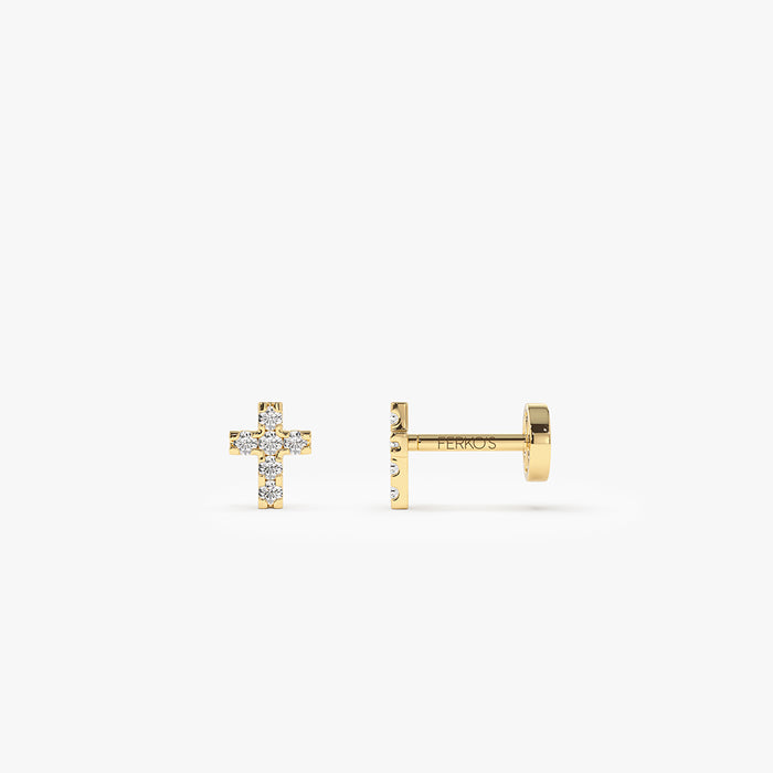 14K Gold Diamond Cross Flat Back Piercing Stud 14k Gold Ferkos Fine Jewelry