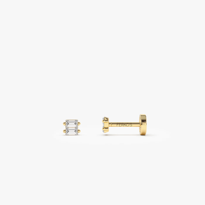 14K Gold Double Baguette Diamond Flat Back Piercing Stud 14k Gold Ferkos Fine Jewelry