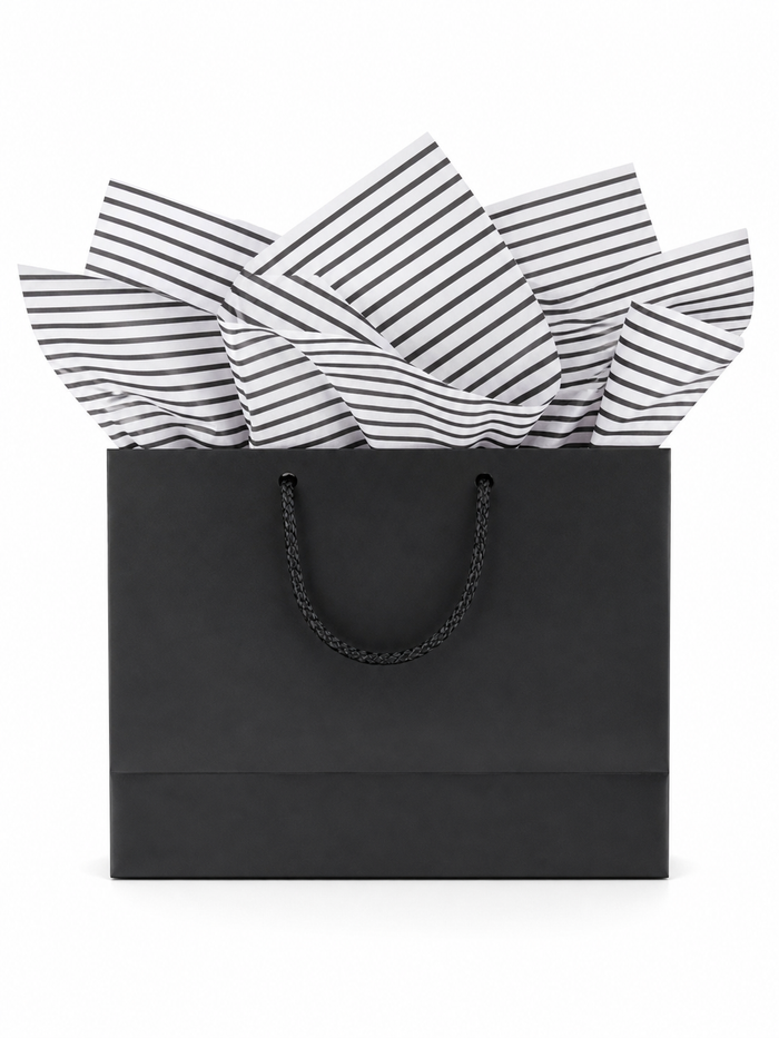 Black Gift Bag w/ Striped Tissue Paper