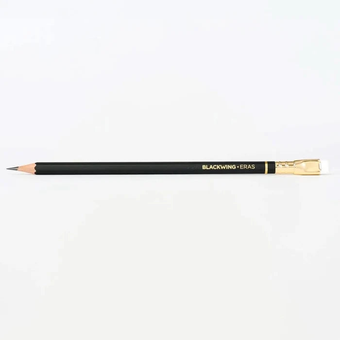 Single Blackwing Eras 2025 Edition pencil shown horizontally on a white background with gold ferrule and vintage-style eraser.