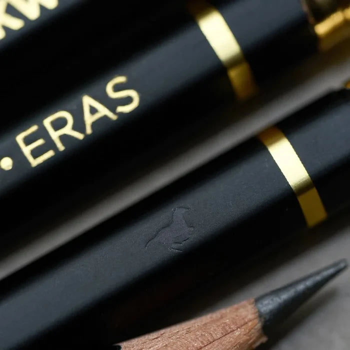 Extreme close-up of the Blackwing Eras 2025 Edition ferrule showing gold accents and embossed branding.