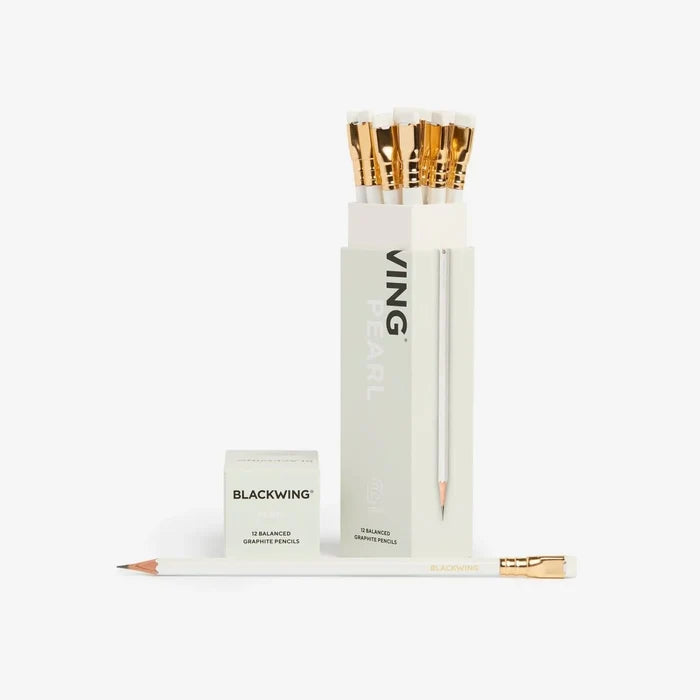Box of 12 Blackwing Pearl Balanced pencils with white barrel and gold ferrules.