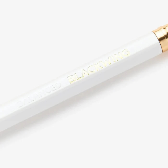 Front view of Blackwing Pearl Balanced pencil showing logo and pencil edge.