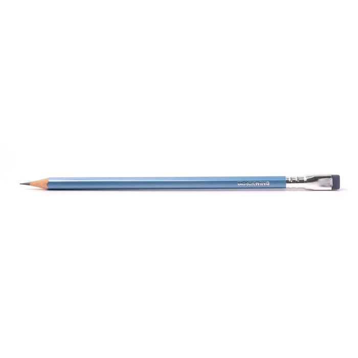 Blue-barrel Blackwing pencil shown horizontally on a white background