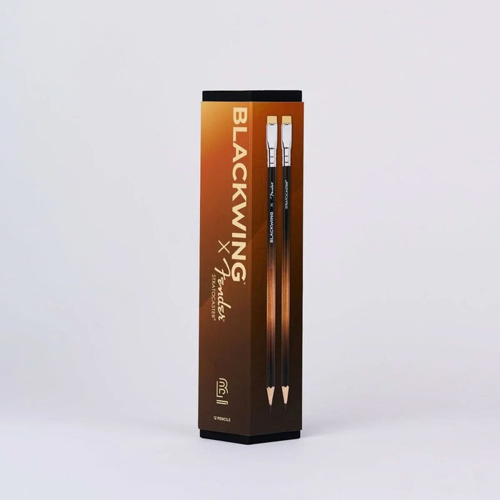 Front-facing view of the Blackwing x Fender Limited Edition Pencil box with sunburst design and branding.