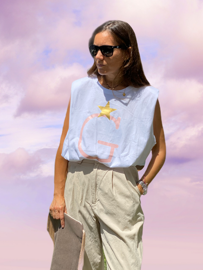 Camiseta con hombreras personalizada con inicial y Estrella rosa y oro