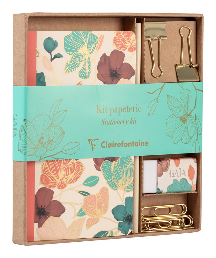 Open Clairefontaine Gaïa Beige Stationery Kit showing assorted stationery items inside.