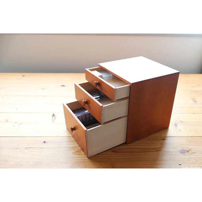Classiky Tsuga Wood Three Drawer Box, close-up view.