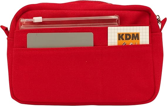 Rear view of a red utility pouch with outer pockets holding stationery items