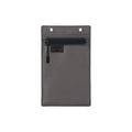 Flat lay of a black utility pouch with a zip pocket and two eyelets at the top.