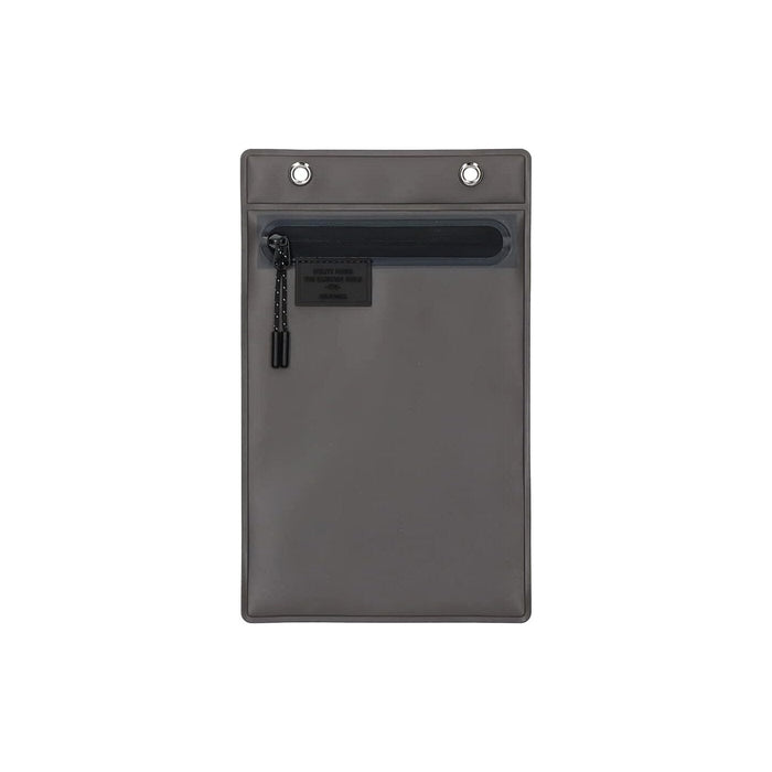 Flat lay of a black utility pouch with a zip pocket and two eyelets at the top.