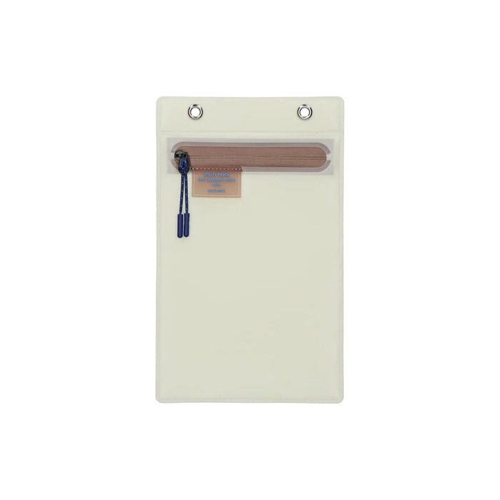 Flat lay of a cream utility pouch with a zip pocket and two eyelets at the top.