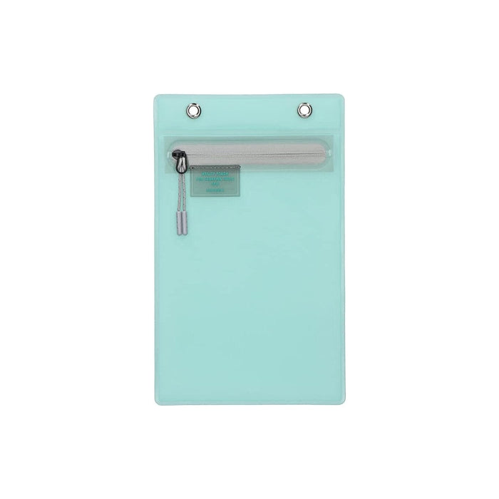 Flat lay of a mint utility pouch with a zip pocket and two eyelets at the top.