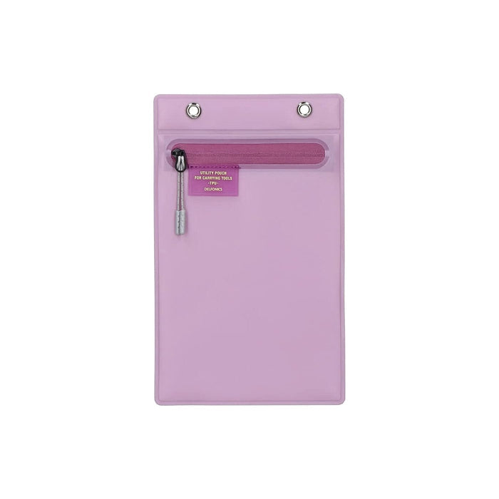 Flat lay of a purple utility pouch with a zip pocket and two eyelets at the top.