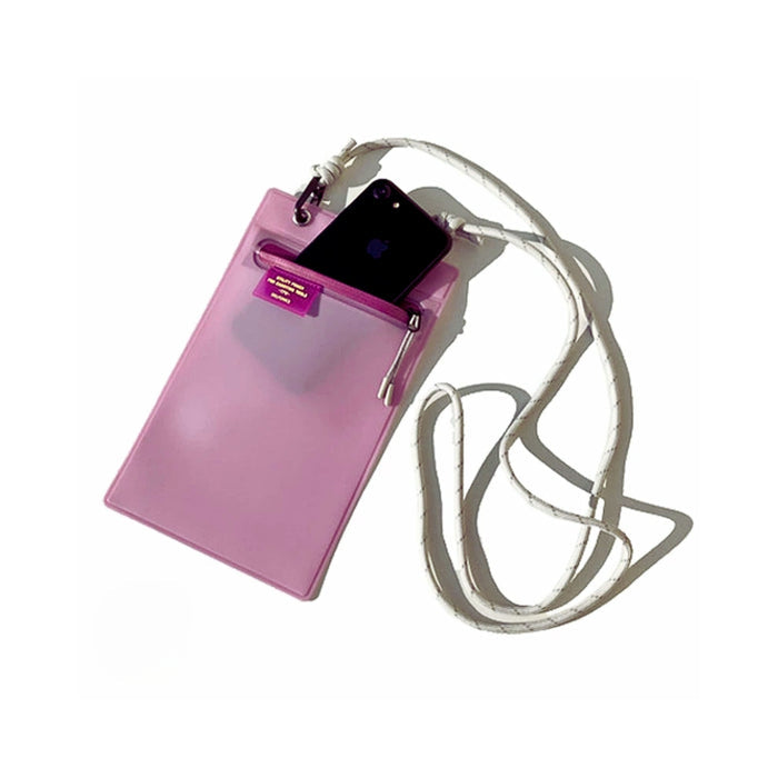 Purple utility pouch with white strap shown holding a mobile phone.