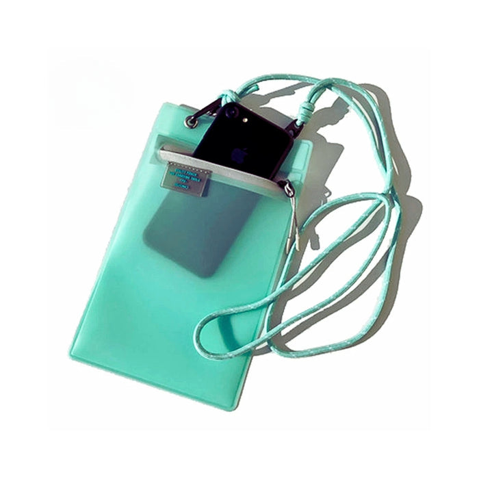 Mint green utility pouch with matching strap and a mobile phone inside.