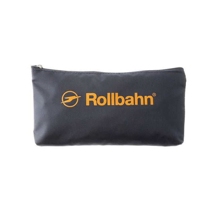 Front-facing image of the Rollbahn navy pouch with signature yellow logo and compact form.