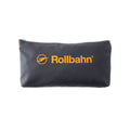 Front-facing image of the Rollbahn navy pouch with signature yellow logo and compact form.