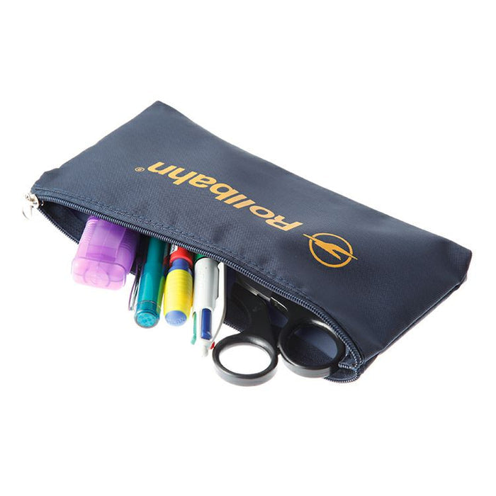 Rollbahn navy zipped pouch filled with pens, markers, and scissors – perfect for everyday stationery storage.