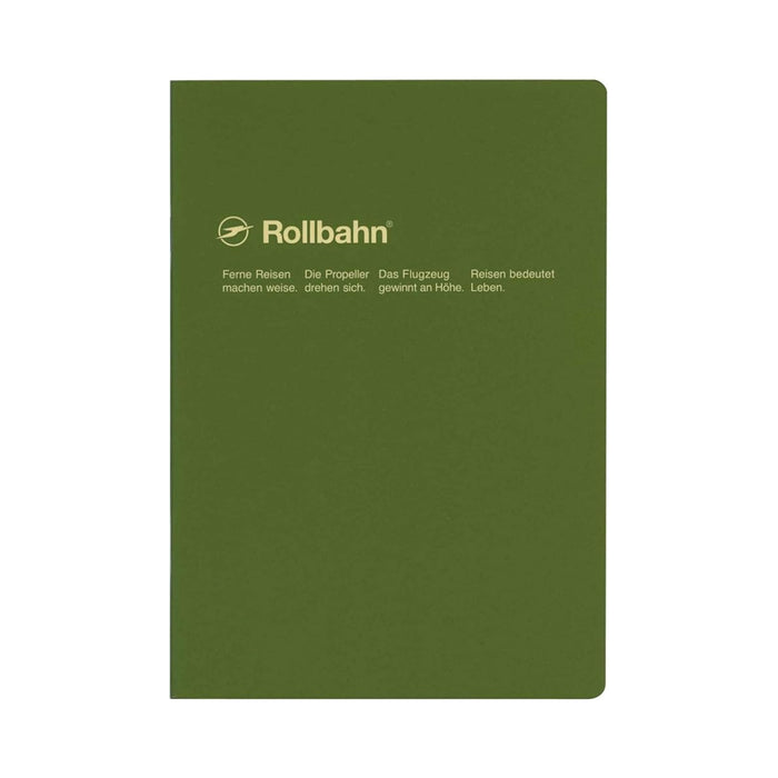Front cover of an olive green Rollbahn notebook with light yellow German text and clean layout.