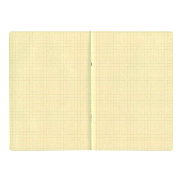 Open view of the Rollbahn notebook showing cream-coloured grid pages with a central staple binding.