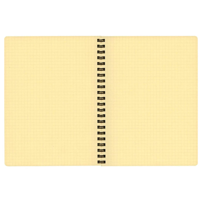 Overhead view of an open Rollbahn notebook with cream-coloured squared pages and spiral binding.