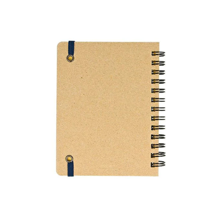 The back cover of a small Rollbahn notebook featuring a natural kraft cardboard finish with navy elastic and metal eyelets.