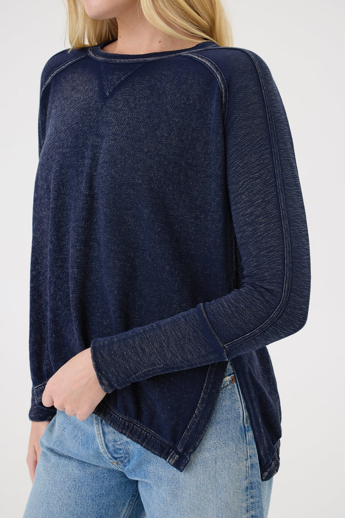 Goldie Denim Wash High Low Sweatshirt in Navy available at Barbara Katz