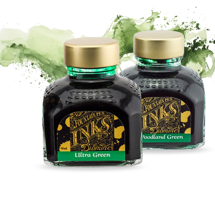 Diamine Ink Bottle 80ml — Green Colours, shown from the front.