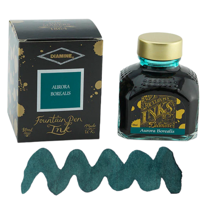 Diamine Ink Bottle 80ml — Green Colours, shown from another angle.