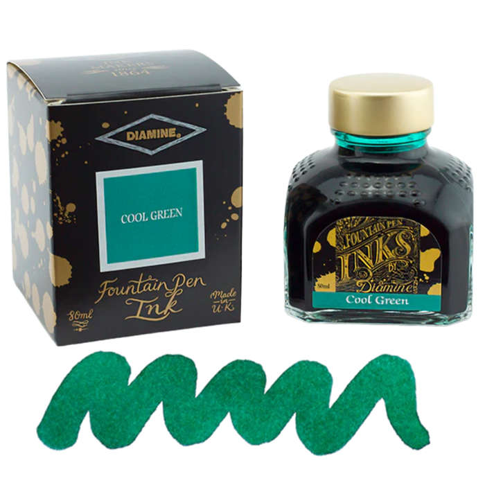 Diamine Ink Bottle 80ml — Green Colours, close-up view.