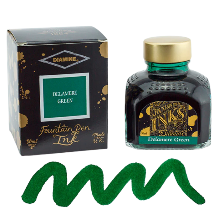 Diamine Ink Bottle 80ml — Green Colours, alternate angle.
