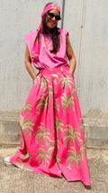 Falda "tropicool" de lino artesanal en rosa y verde, con pañuelo a conjunto