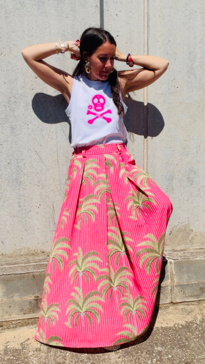 Falda "tropicool" de lino en rosa y verde, con el pañuelo a conjunto