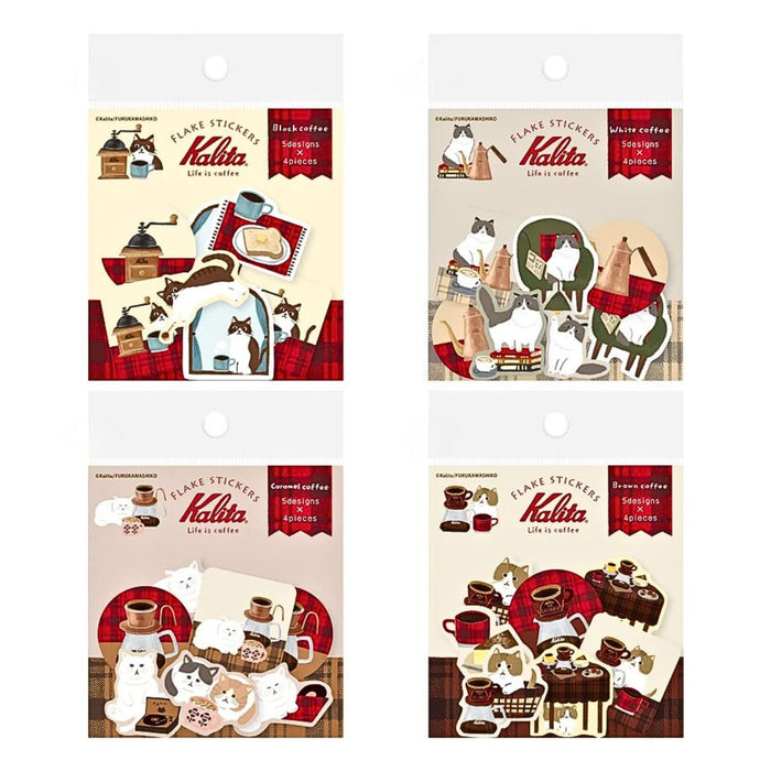 The Journal Shop - Four packs of Furukawa Shiko x Kalita Washi Flake Planner Stickers featuring coffee-themed illustrations and a red and cream design.