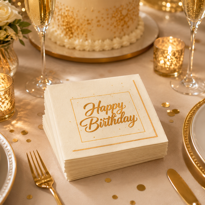 Gold Happy Birthday Cocktail Napkins, 50-Pack, 3-ply, Birthday Party Decor