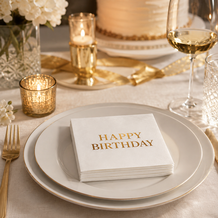 Gold Happy Birthday Cocktail Napkins, 50-Pack, 3-ply, Birthday Party Decor
