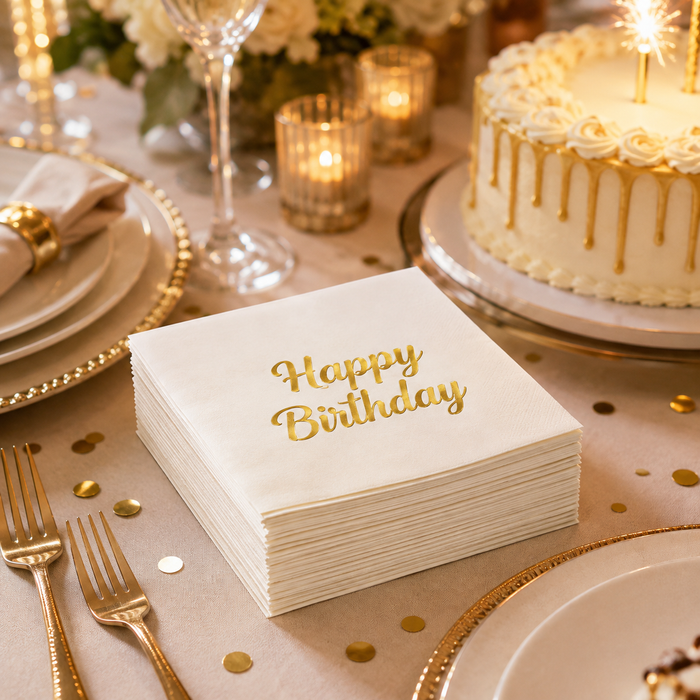 Gold Happy Birthday Cocktail Napkins, 50-Pack, 3-ply, Birthday Party Decor