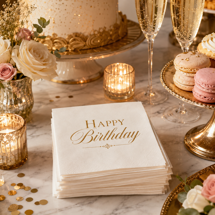 Gold Happy Birthday Cocktail Napkins, 50-Pack, 3-ply, Birthday Party Decor