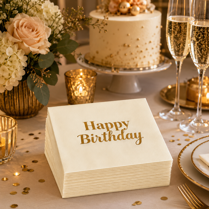 Gold Happy Birthday Cocktail Napkins, 50-Pack, 3-ply, Birthday Party Decor
