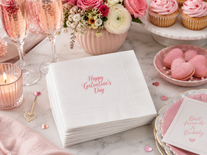 Happy Galentine's Day Cocktail Napkins 50-Pack – Pink Script White 3-Ply Party Napkins, 4.8" × 4.8"