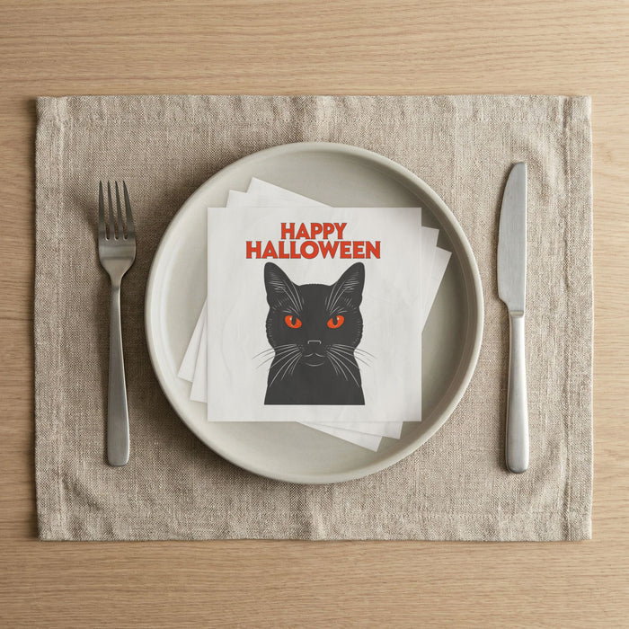 Happy Halloween Black Cat Cocktail Napkins, 50-Pack, 3-ply, Red Eyed Spooky Cat Party Napkins