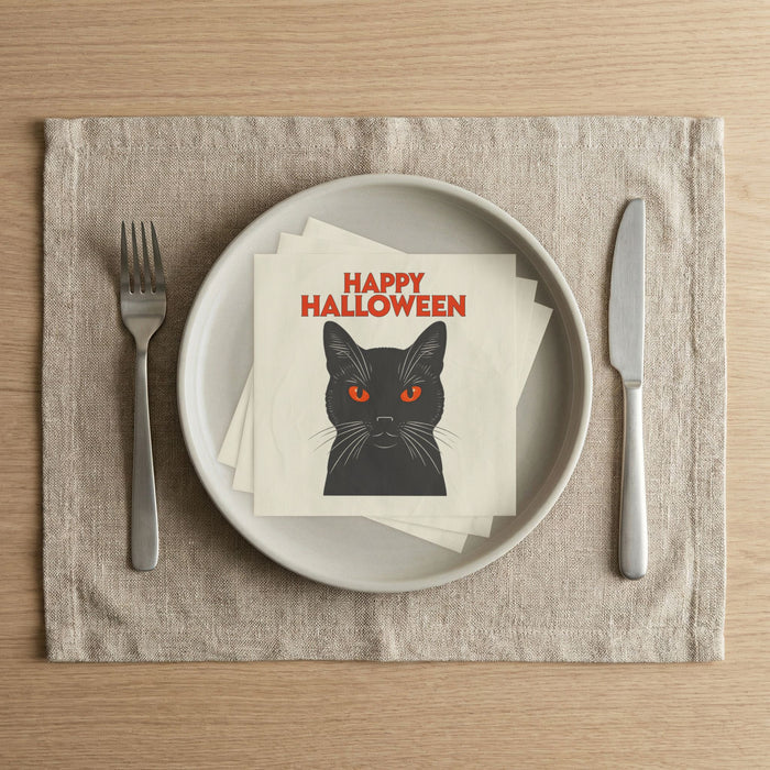 Happy Halloween Black Cat Cocktail Napkins, 50-Pack, 3-ply, Red Eyed Spooky Cat Party Napkins