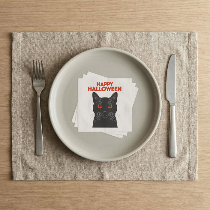 Happy Halloween Black Cat Cocktail Napkins, 50-Pack, 3-ply, Red Eyed Spooky Cat Party Napkins