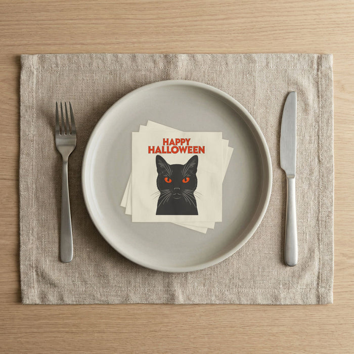 Happy Halloween Black Cat Cocktail Napkins, 50-Pack, 3-ply, Red Eyed Spooky Cat Party Napkins