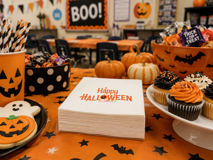 Happy Halloween Cocktail Napkins, 50-Pack, 3-ply, Orange Pumpkin Lettering Party Napkins