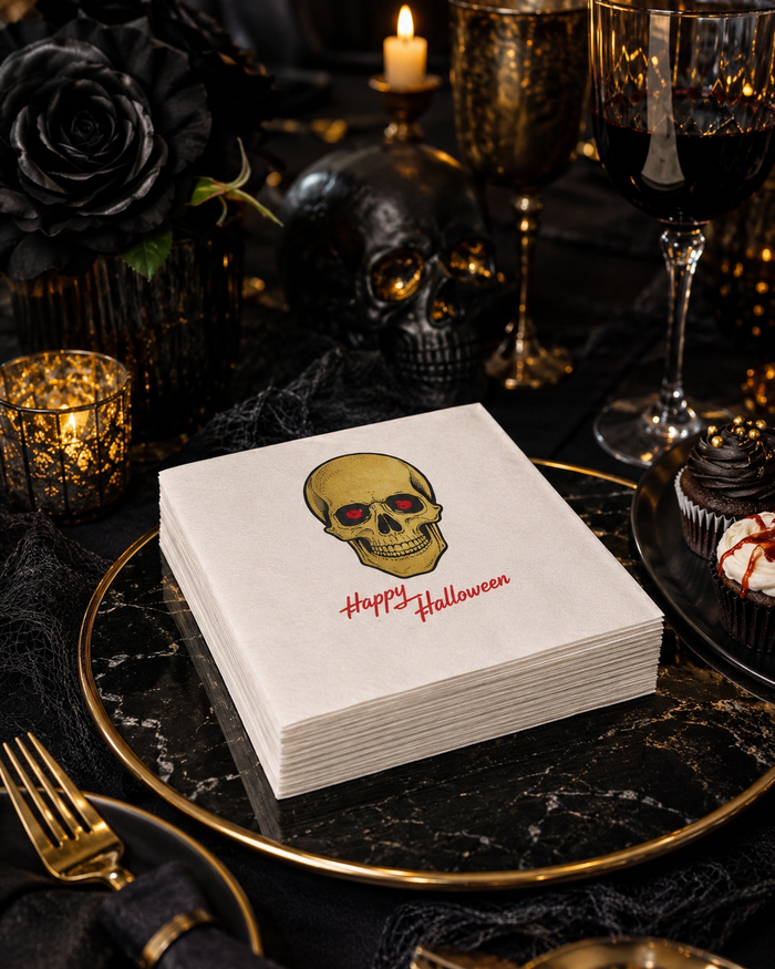 Happy Halloween Gold Skull Cocktail Napkins, 50-Pack, 3-ply, Red Eye Halloween Party Napkins