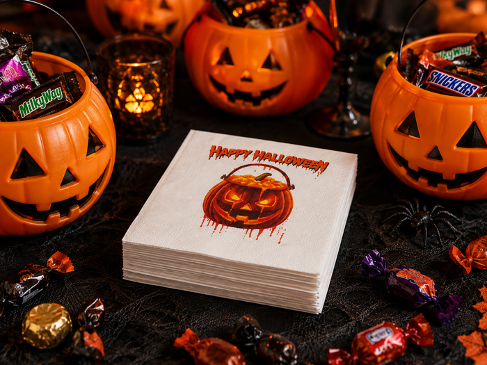 Happy Halloween Pumpkin Cocktail Napkins, 50-Pack, 3-ply, Spooky Jack -O- Lantern Party Napkins