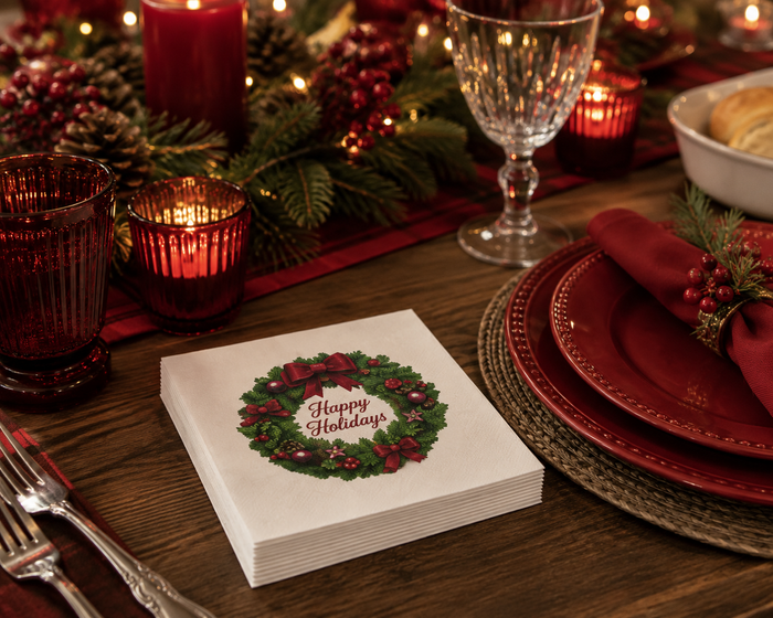 Happy Holidays Christmas Wreath Cocktail Napkins, 50-Pack, 3-ply, Holiday Christmas Party Napkins