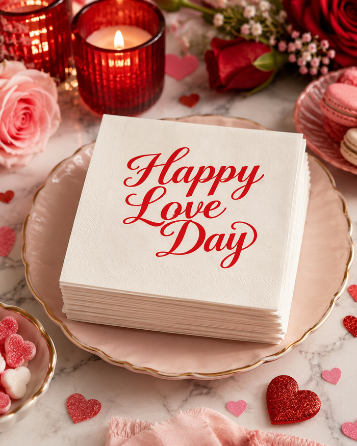 Happy Love Day Valentine’s Day Cocktail Napkins, 50-Pack, 3-ply, Valentine’s Day Party Decor